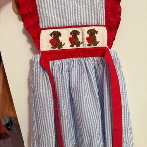 3T EUC Girls' Blue Seersucker Dress with Red Trim and Puppy Smocking